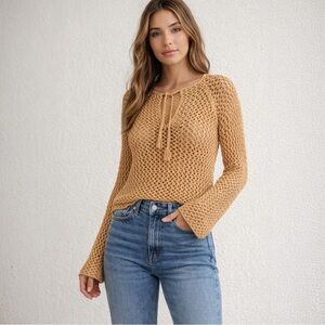 Abercrombie & Fitch Crochet Lace-Up Sweater Boho Open Knit Tan Size Medium